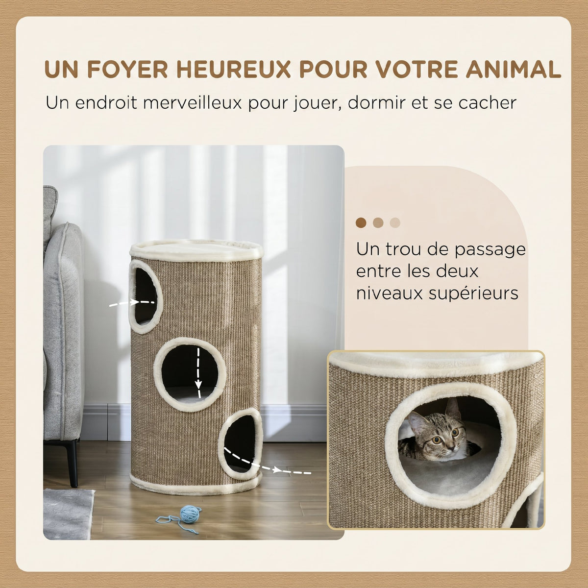Tonneau à Gratter pour Chat, Tour à Griffer en Sisal à 3 Niveaux Recouvert de Peluche, Ø 38 x 70 cm, Marron-3