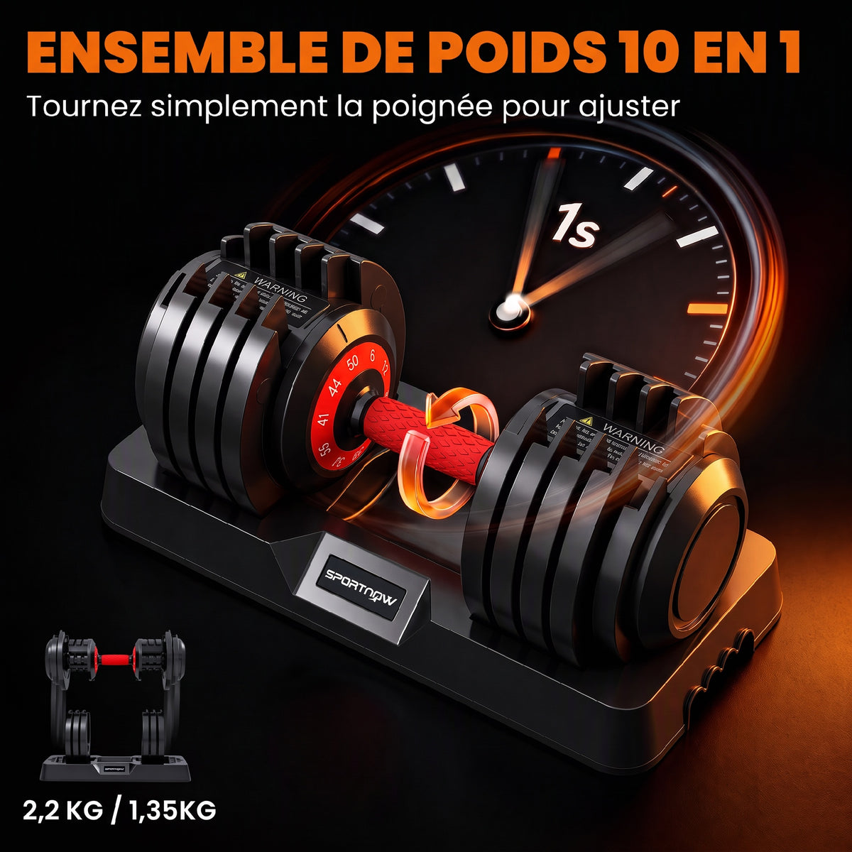 Haltères Réglables 10 en 1, 2x24kg, Réglage Rapide, Verrou de Sécurité, Poignée Antidérapante, Bases de Rangement, Noir-3
