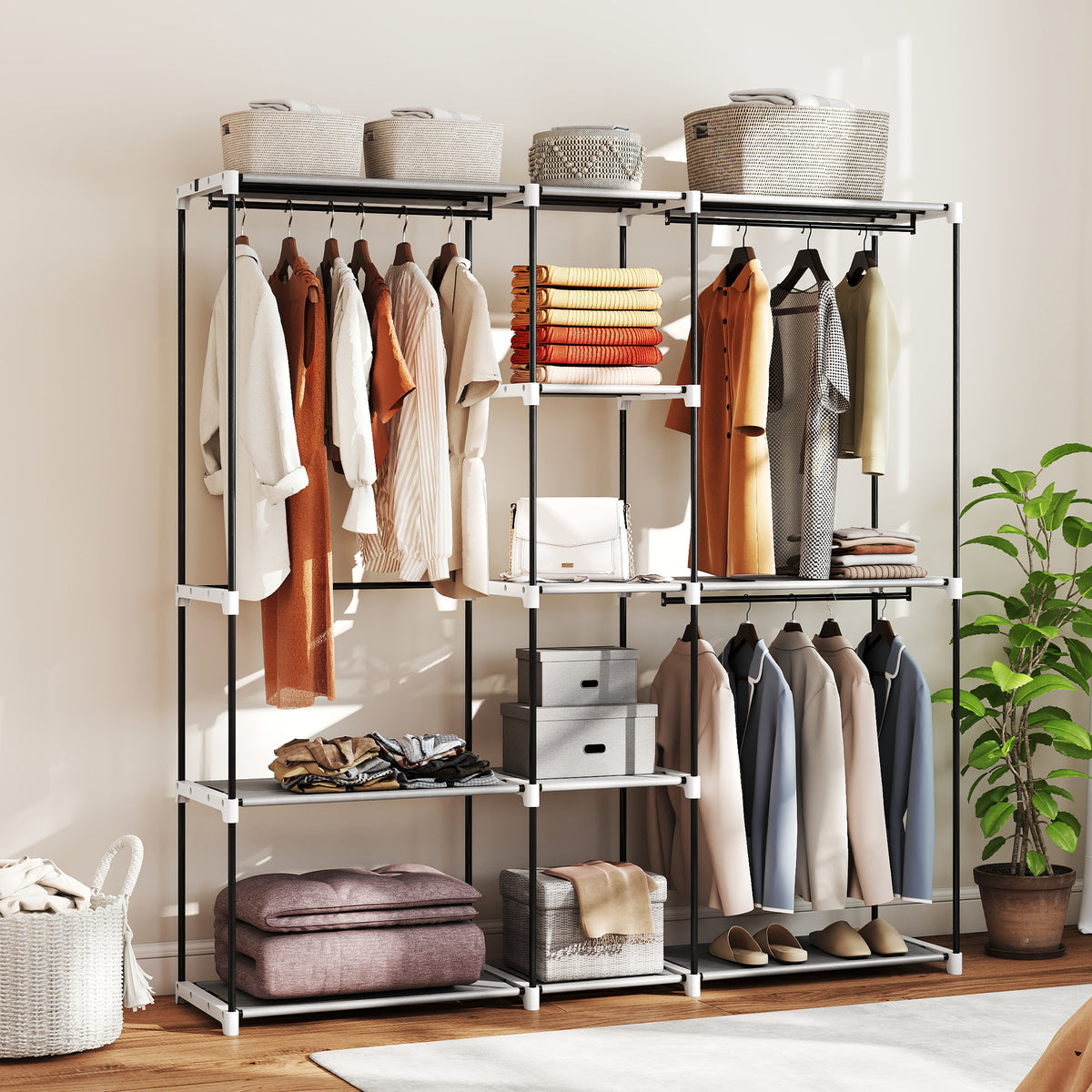Armoire de rangement, penderie en tissu avec barre de suspension et étagères, 182 x 43 x 185 cm, gris-1