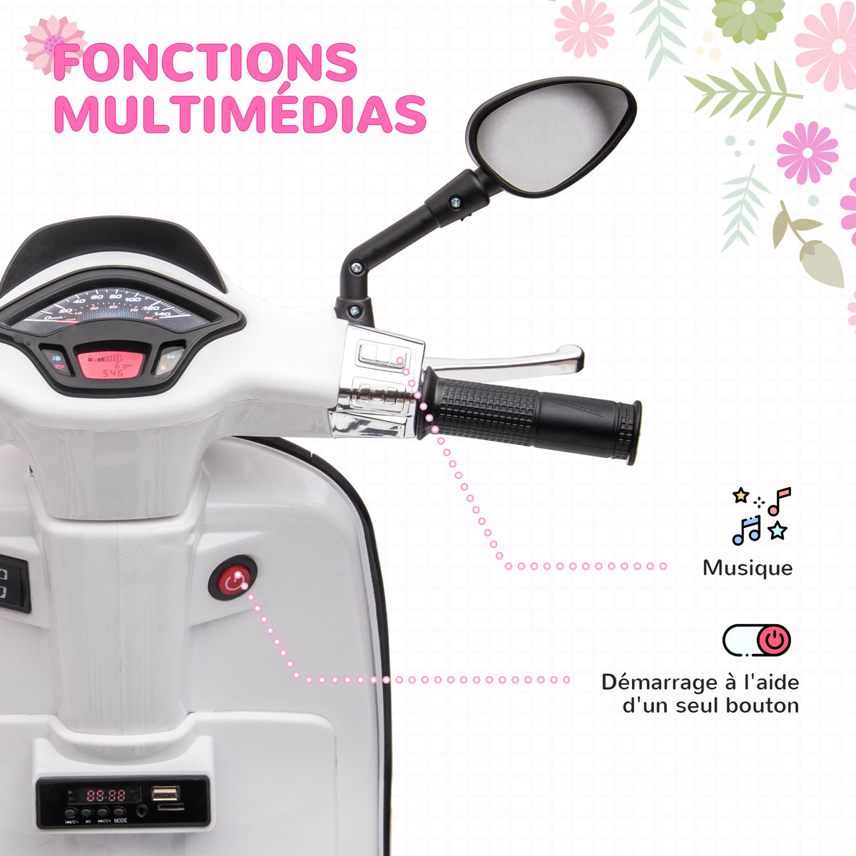 Scooter électrique enfant Vespa 6 V dim. 107L x 47l x 73H cm Musique MP3 Port USB Phare 2 roues d'entraînement - Blanc-4