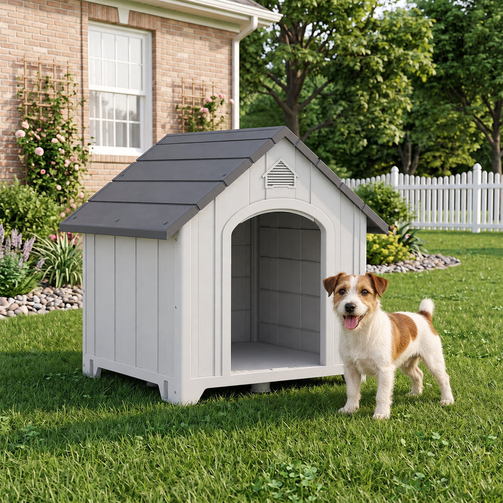 Niche pour chien extérieur, maison chien en polypropylène imperméable ventilé plancher surélevé 66x55x65cm gris clair-9