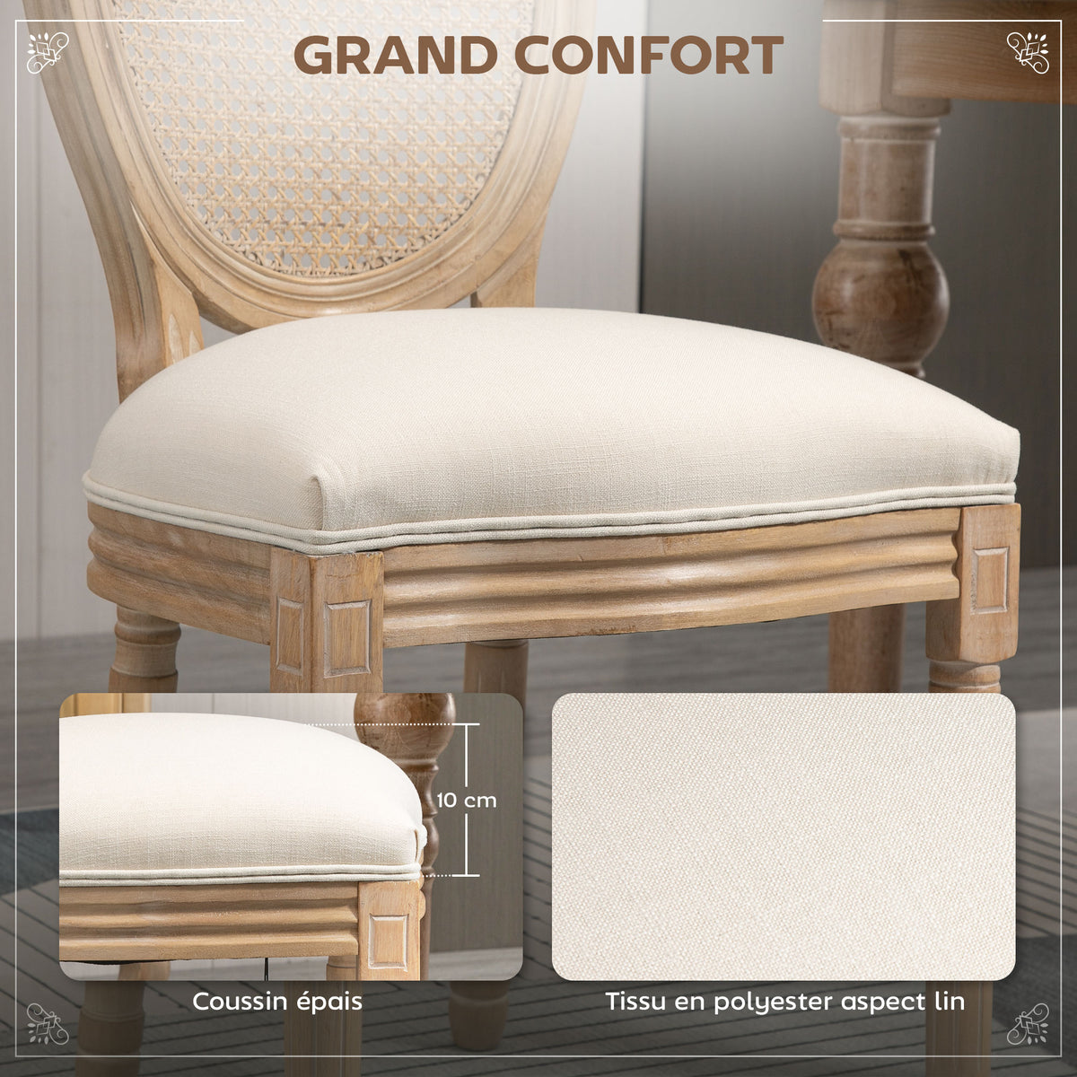 Lot de 2 chaises de Salle à Manger - Chaise de Salon médaillon Style Louis XVI - Bois Massif sculpté, patiné - Dossier cannage - Aspect Lin Crème-4