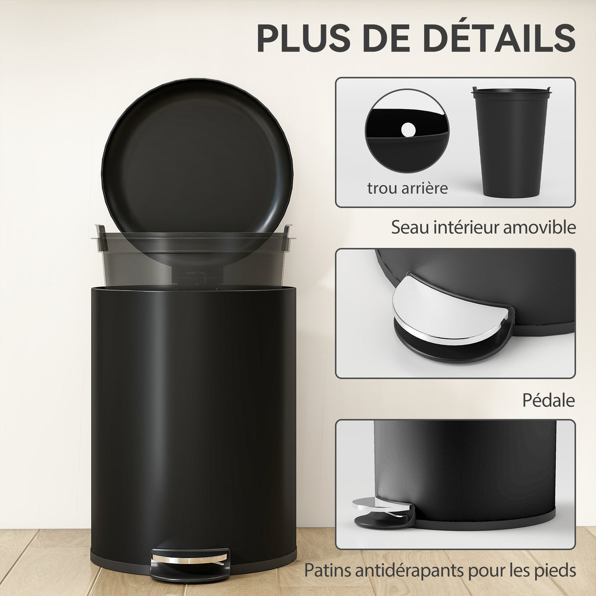 Poubelle de Cuisine 20 L en Métal, Poubelle à Pédale avec Couvercle à Fermeture Douce et Seau Amovible, Noir-6