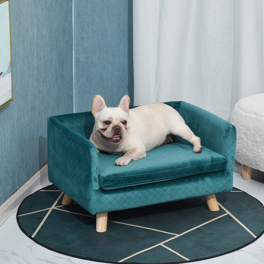Canapé chien lit pour chien design scandinave coussin moelleux pieds bois massif dim. 64 x 45 x 36 cm velours bleu canard-1