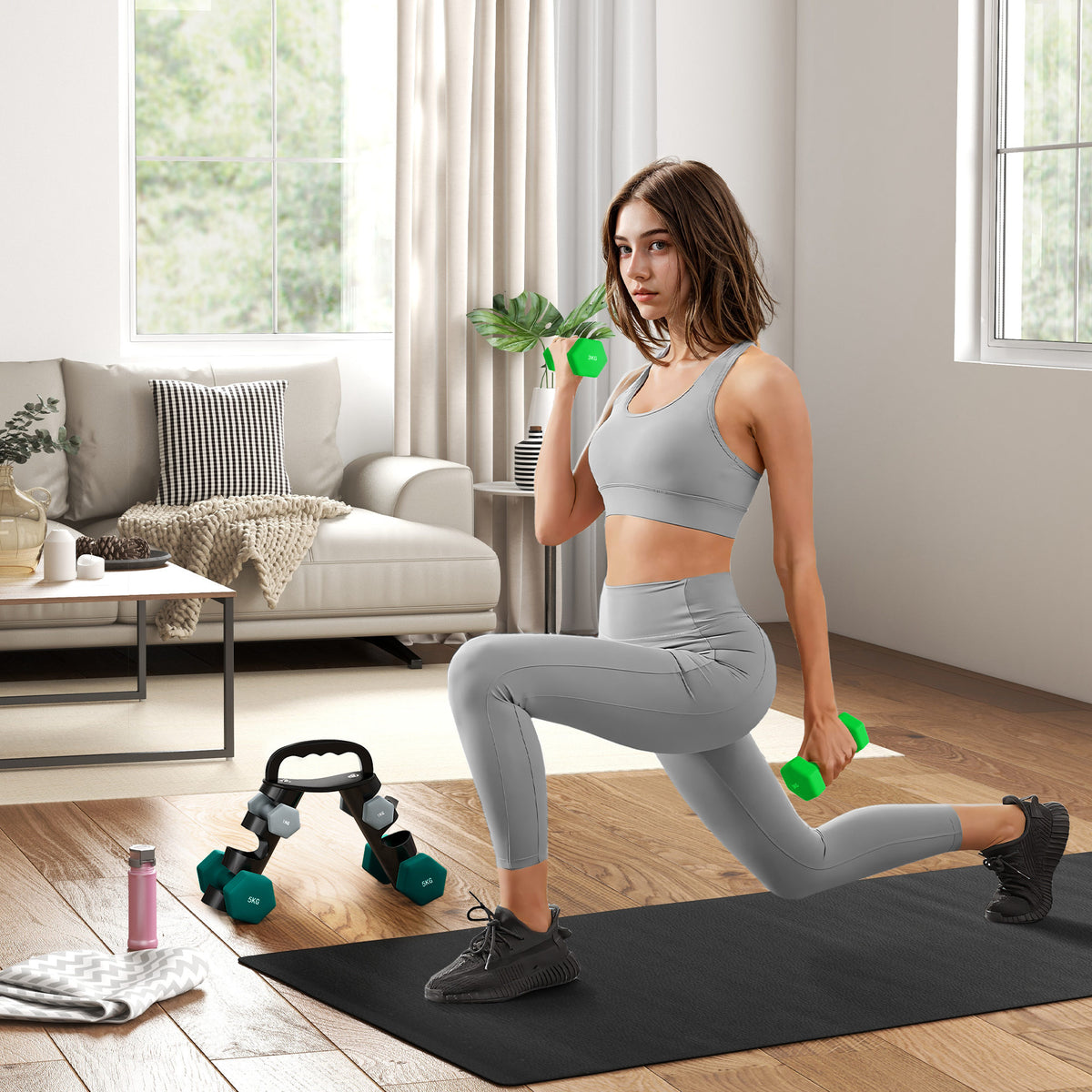 Lot d'haltères hexagonaux, haltères musculation, 2 x 1 kg, 2 x 3 kg, 2 x 5 kg, avec support convertible d'haltères-1