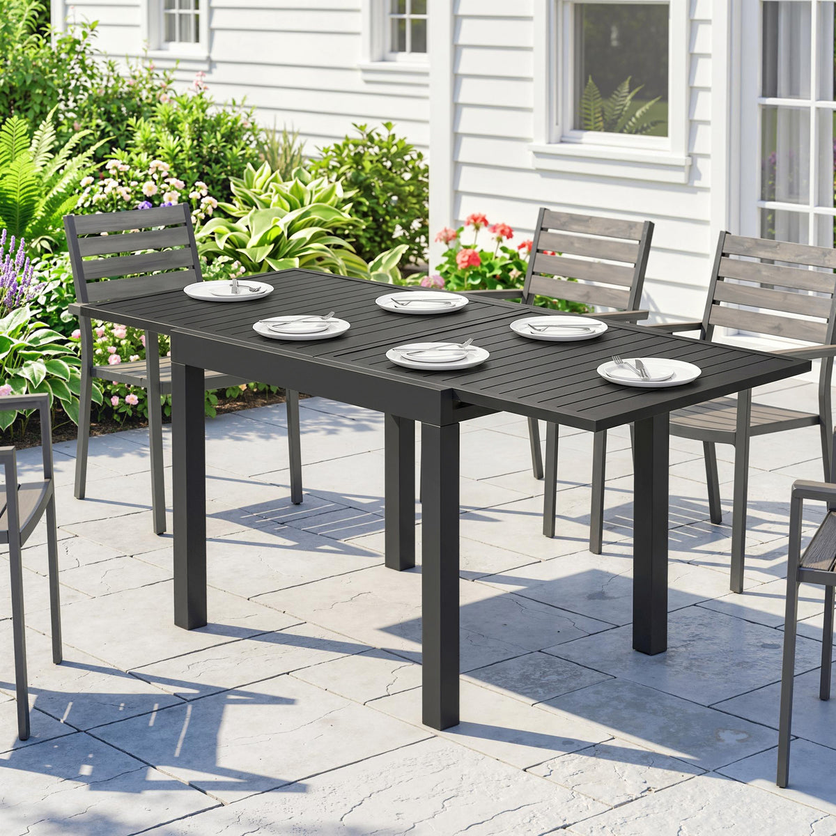 Table de jardin extensible table extérieur pour 4-6 personnes avec rallonge auto-stockée aluminium 80-160 x 80 cm noir-9
