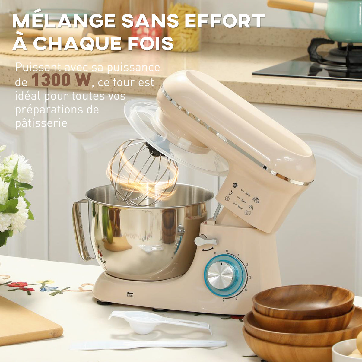 Robot pâtissier 1300 W, robot pétrin professionnel 4,5 L, bol d'acier inoxydable, 6+P vitesses et pulse, beige-3