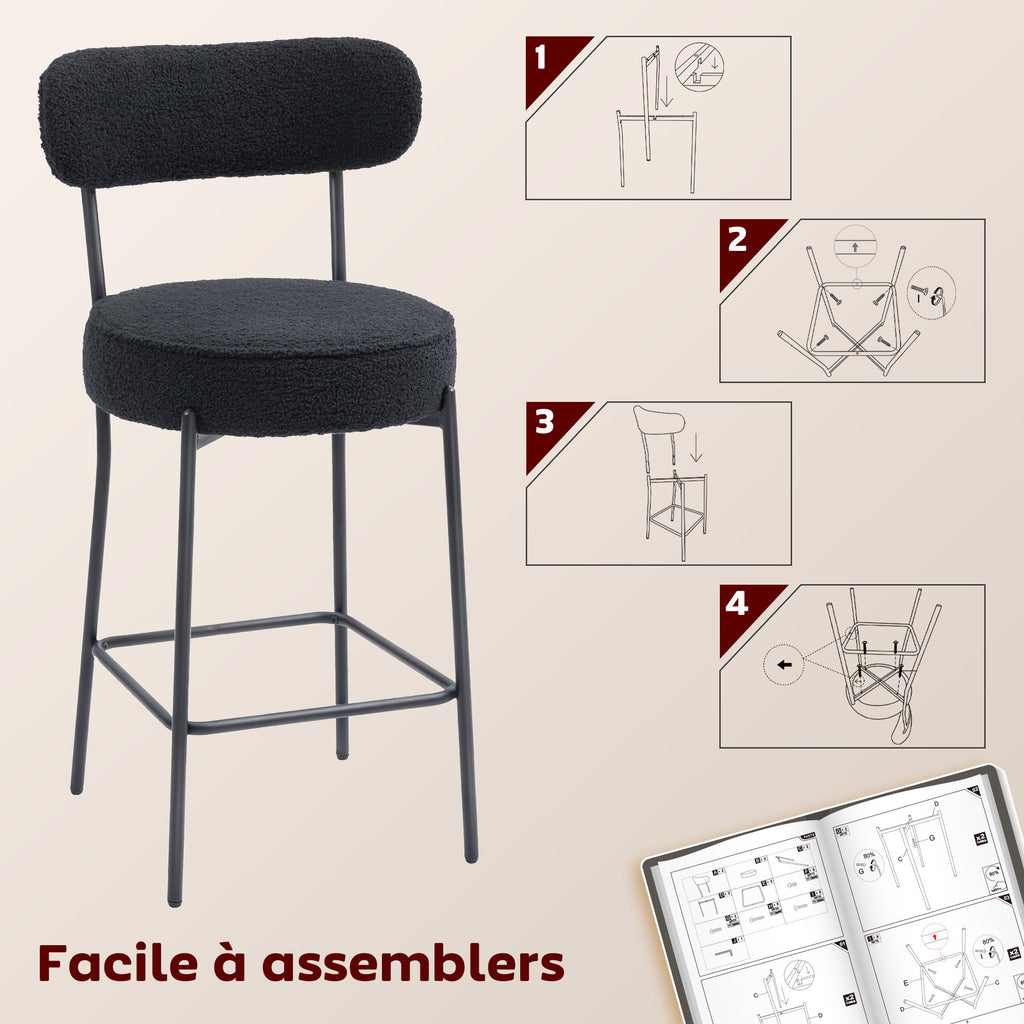 Lot de 2 tabourets de bar en tissu bouclette, chaises de bar avec dossier courbé, repose-pieds, 49x52x95cm, noir-6
