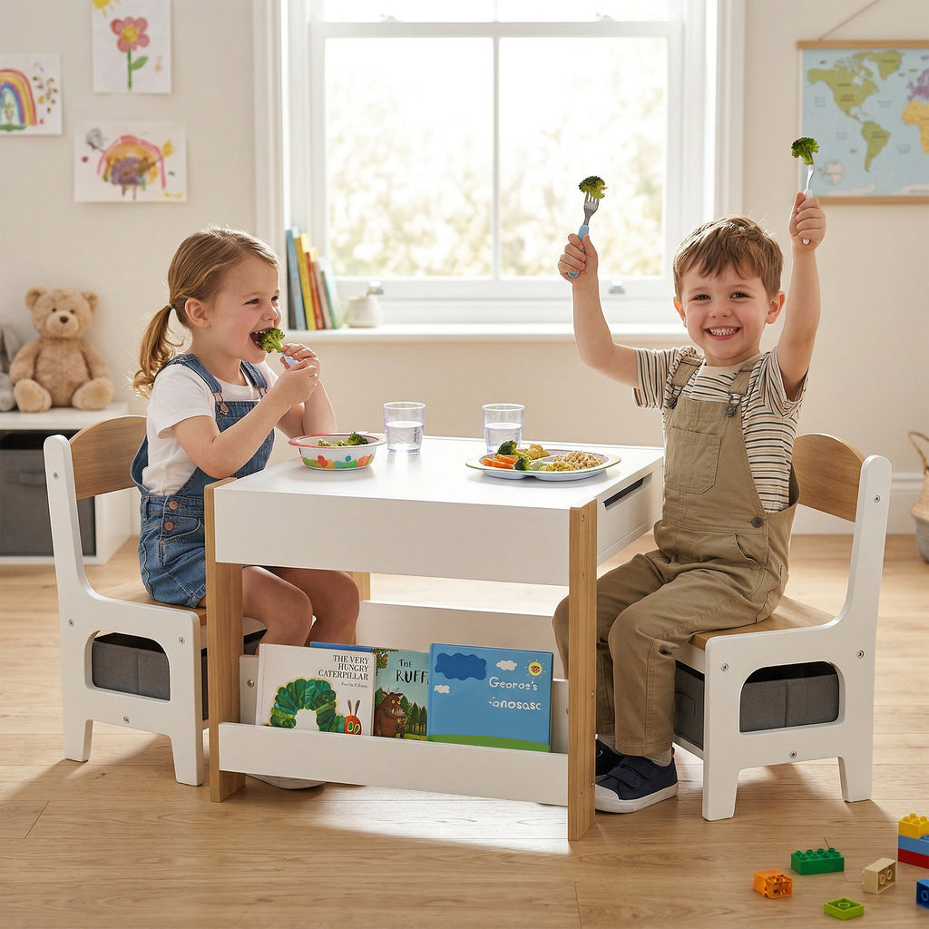 Ensemble 3 pièces table et 2 chaises pour enfant avec plateau réversible tableau noir, panier de rangement, étagères-1
