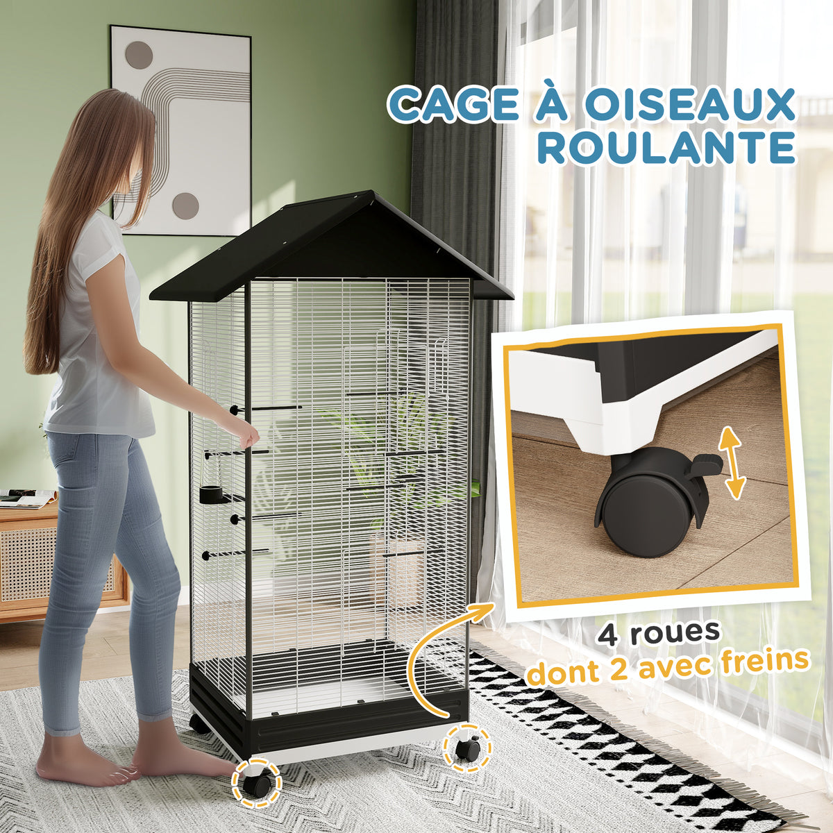 Cage oiseau sur pied volière oiseaux intérieure sur roulettes 2 mangeoires 8 perchoirs 79 x 65 x 155 cm fil d'acier noir-6