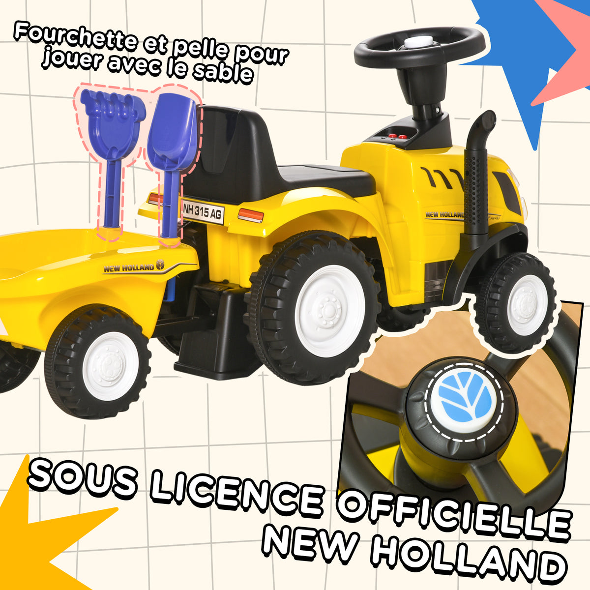 Porteur tracteur enfants avec coffre amovible, râteau et pelle, voiture enfants avec lumière LED et klaxon, jaune-3