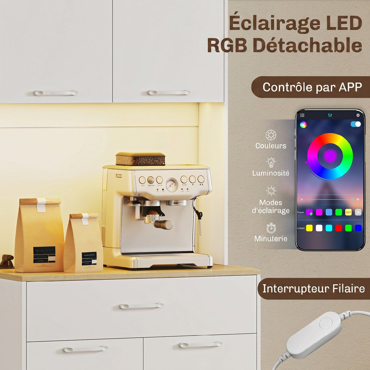 Buffet haut cuisine avec LED et station de charge, armoire de cuisine avec 4 portes, tiroir et plan de travail, blanc-3