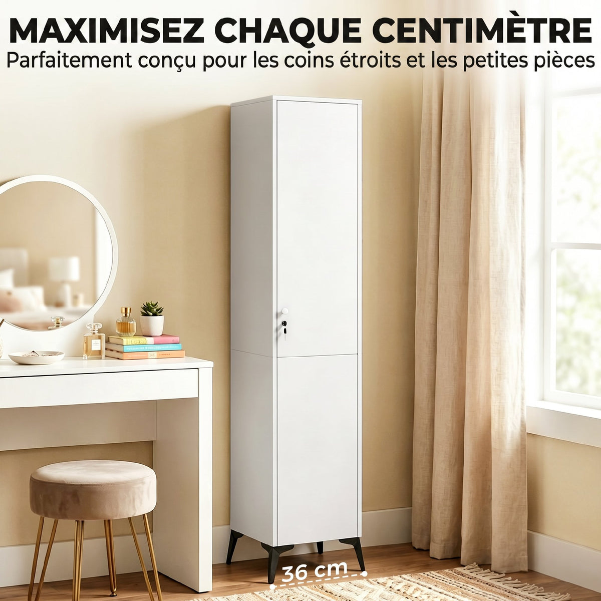 Armoire chambre étroite penderie avec porte, tringle et étagères de rangement, 36 x 40 x 180 cm, blanc-3