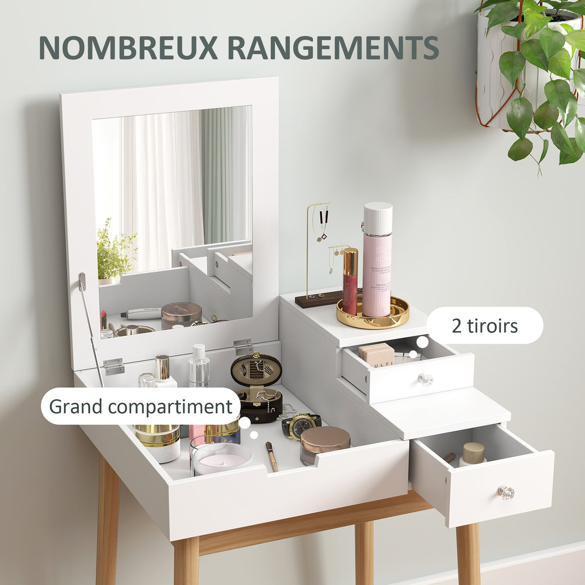 Coiffeuse avec miroir table de maquillage style moderne - 2 tiroirs, miroir rabattable pour chambre à coucher, salon, 60 x 50 x 85,5 cm blanc-4