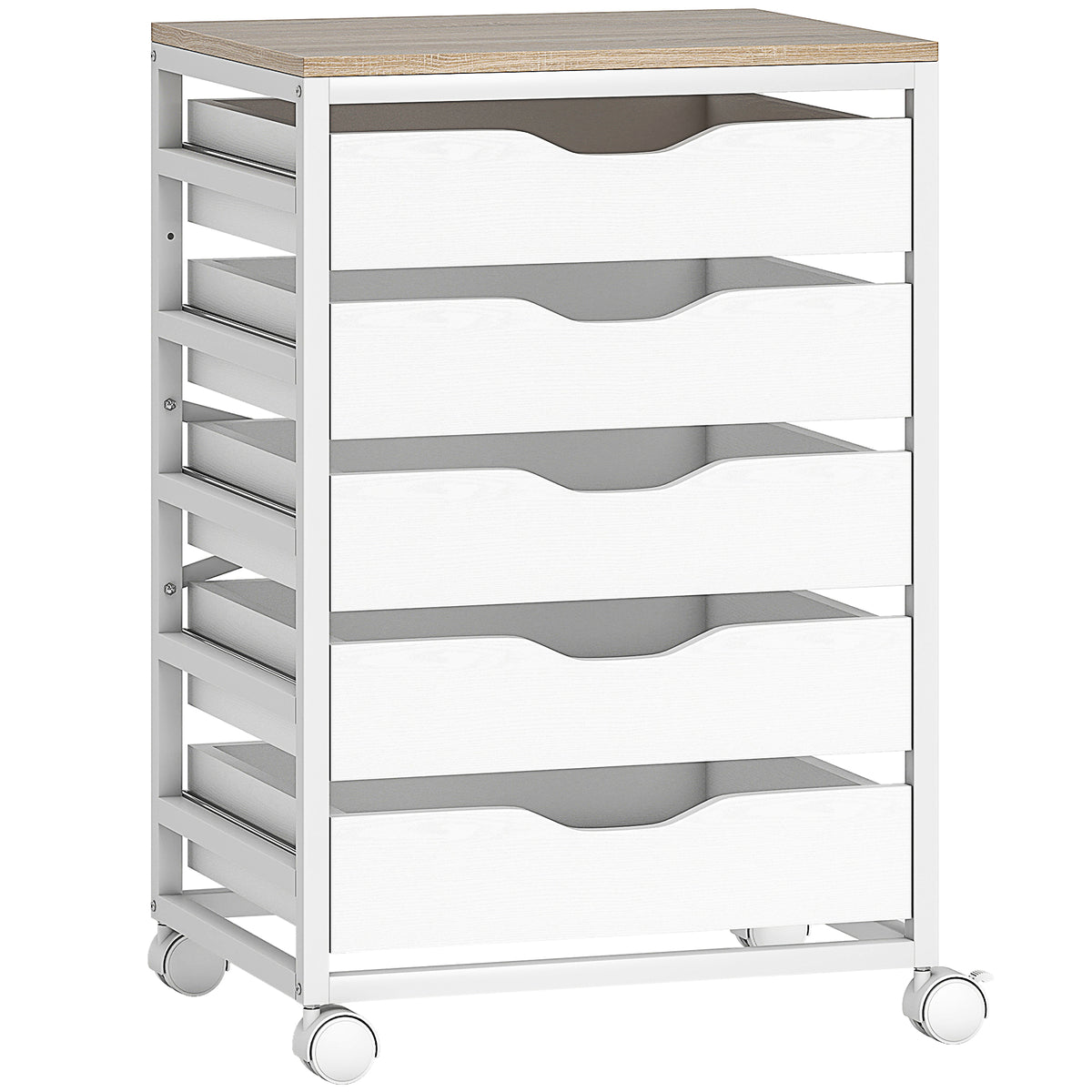 Caisson bureau mobile, meuble rangement sur roulettes bois avec 5 tiroirs, poignées encochées, 50 x 40 x 74,5 cm , blanc-0