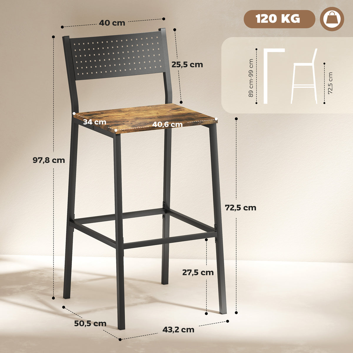 Lot de 2 tabourets de bar, chaises de bar, assise 72,5H cm, dossier et repose-pieds, pieds en métal, brun rustique-2