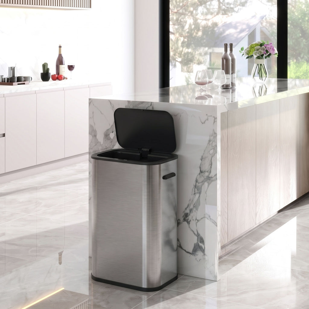 Poubelle de Cuisine Automatique 55L en Acier Inoxydable, Couvercle à Fermeture en Douceur, Fonctionne sur Piles, Argent-1