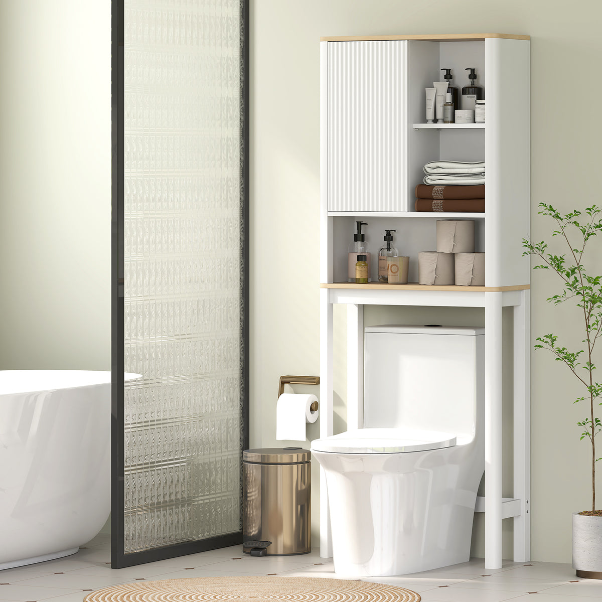 Meuble de rangement au-dessus des toilettes avec porte cannelée, compartiments, étagère réglable, 65x25x170cm, blanc-9
