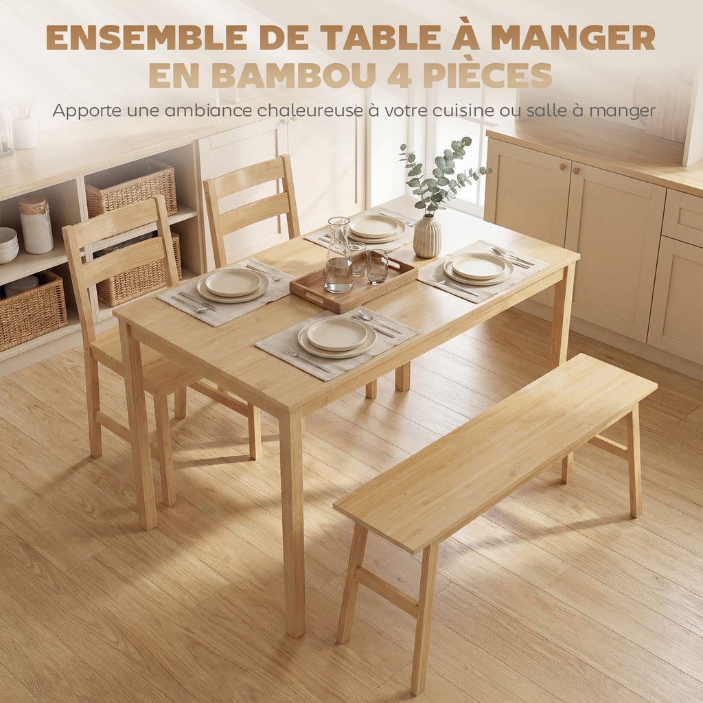 Ensemble de salle à manger en bambou, table à manger avec 2 chaises et banc pour 4 personnes, bois naturel-3