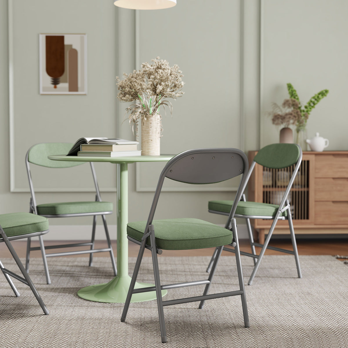 Lot de 4 chaises pliantes chaises de salle à manger portables avec assises et dossiers rembourrés en velours côtelé vert-8