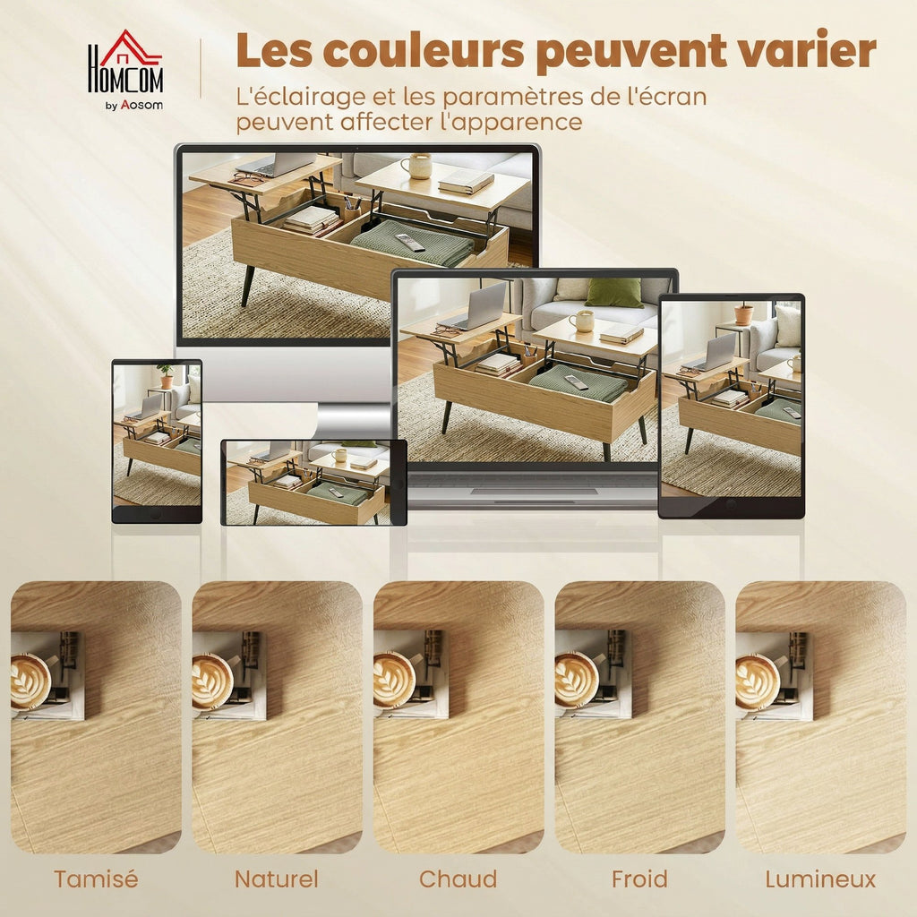 Table basse relevable avec double plateau, table de salon avec compartiment caché et pieds en métal, bois naturel-7