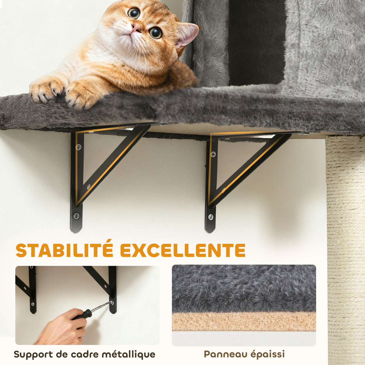 Étagères murales pour chat arbre à chat mural 5 pièces 2 niches hamac plateformes griffoirs en sisal gris-3