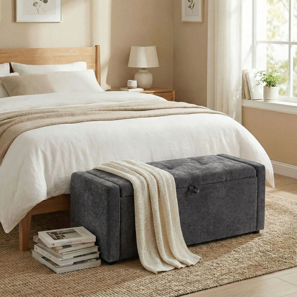 Banc de rangement, bout de lit, repose-pieds rembourré en lin avec assise large, 122 x 48 x 44 cm, gris foncé-1