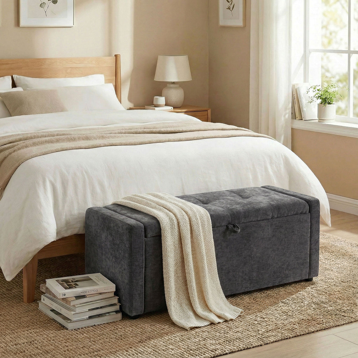 Banc de rangement, bout de lit, repose-pieds rembourré en lin avec assise large, 122 x 48 x 44 cm, gris foncé-1