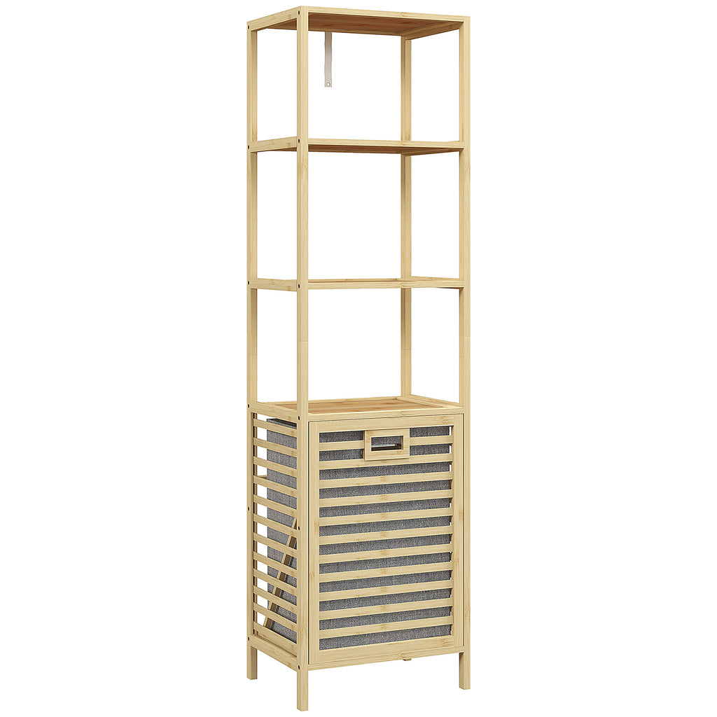 Etagère de rangement pour salle de bain en bambou avec 3 étagères et 1 panier à linge amovible 44L x 33l x 160H cm-0