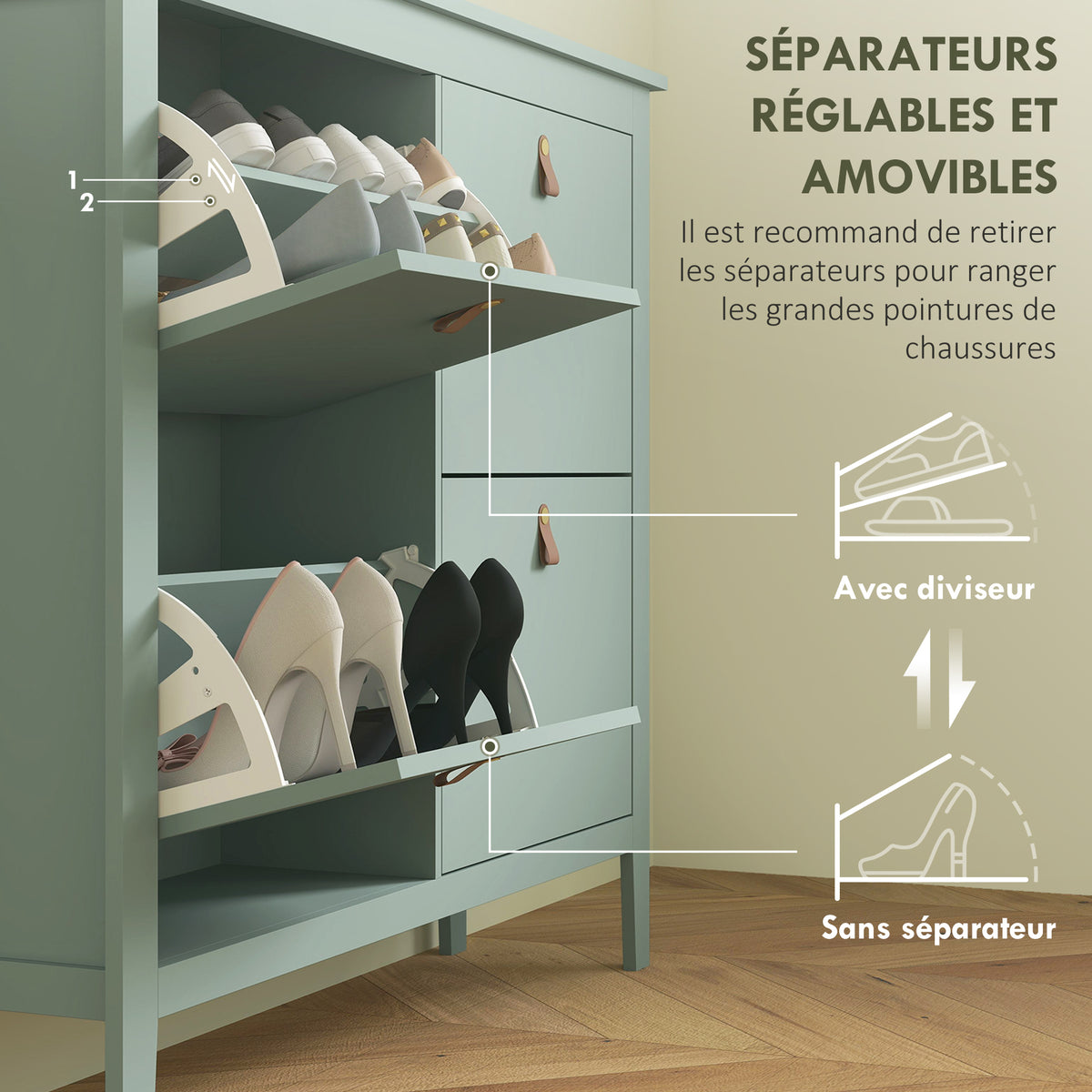 Meuble à chaussures 20 paires, armoire à chaussures avec 4 tiroirs rabattables, étagères amovibles et réglables, vert-4