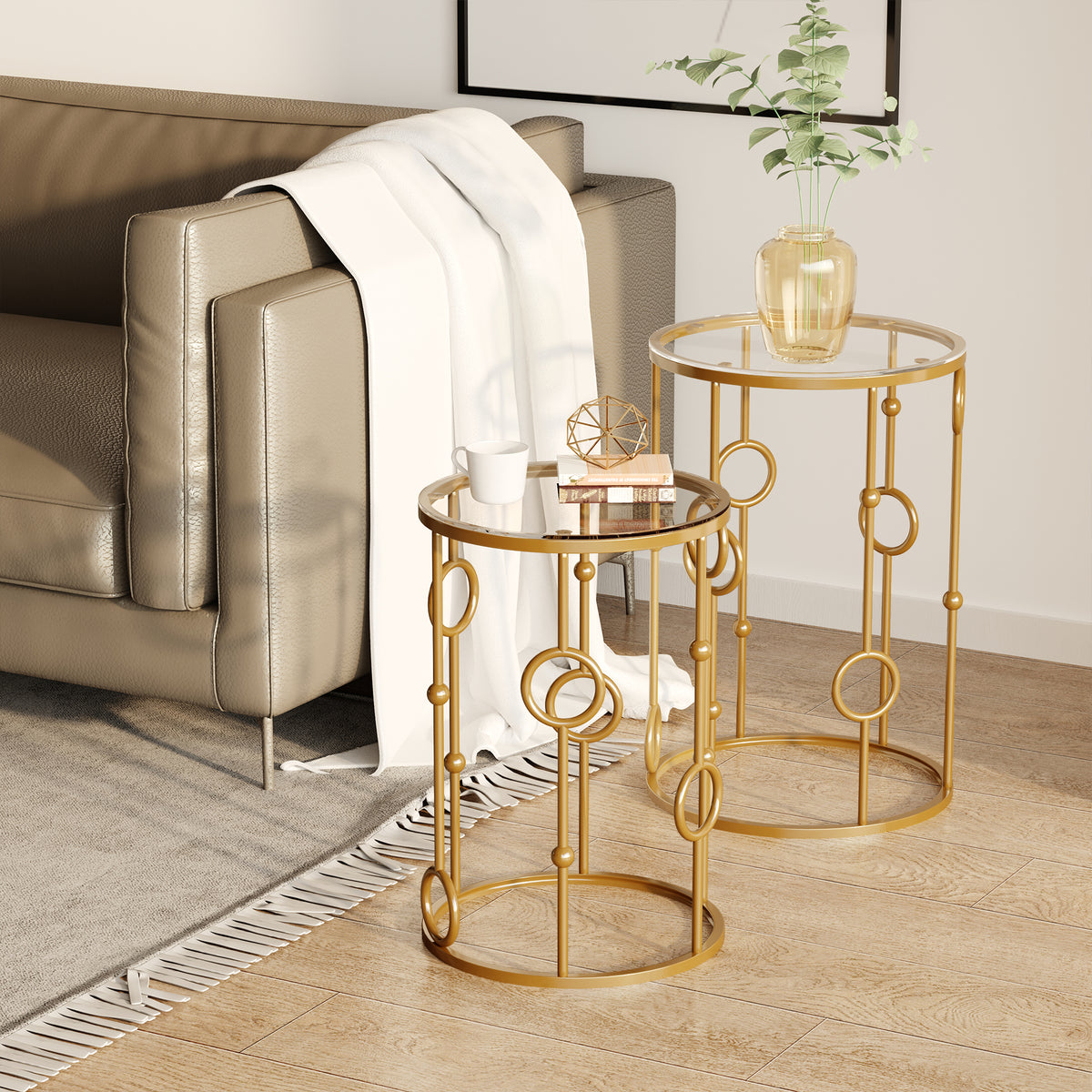Tables gigognes Lot de 2 Tables Basses Rondes Design Style Art déco Ø 41 et Ø 36 cm métal doré Verre trempé 5 mm-1