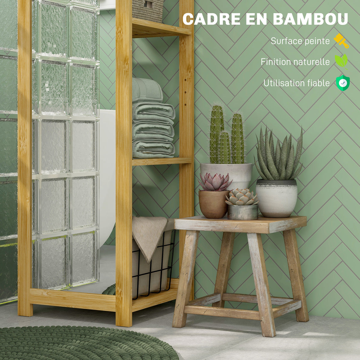 Meuble colonne de salle de bain à 6 niveaux en bambou avec miroir, 6 étagères, naturel, 35L x 35l x 168H cm-4