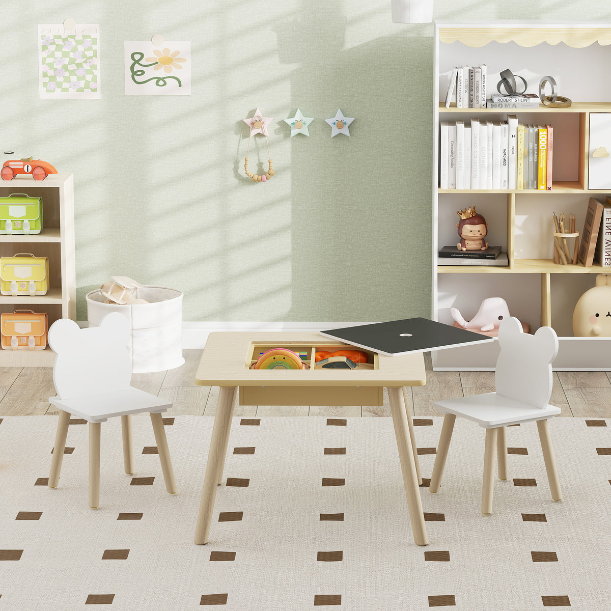 Ensemble 1 table et 2 chaise 3 pièces pour enfants avec plateau réversible espace de rangement bois naturel-1