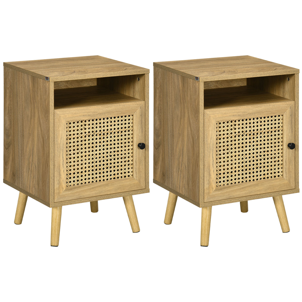 Lot de 2 tables de chevet table de nuit avec placard porte cannage et niche design vintage 39 x 35 x 60 cm naturel-0