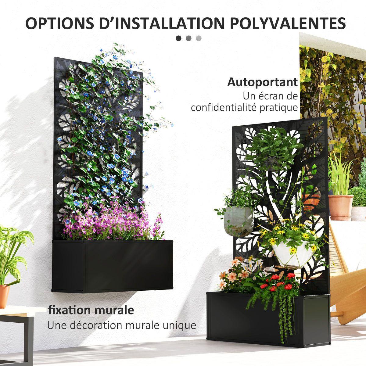 Jardinière avec brise-vue paravent treillis pour Plante Grimpante, bac à Fleurs - dim. 61L x 23l x 113H cm-4