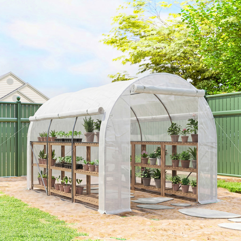 Serre de jardin 6 m² dim. 3 x 2 m avec 1 porte + 2 parois latérales zippées enroulables, 6 fenêtres, Blanc-9