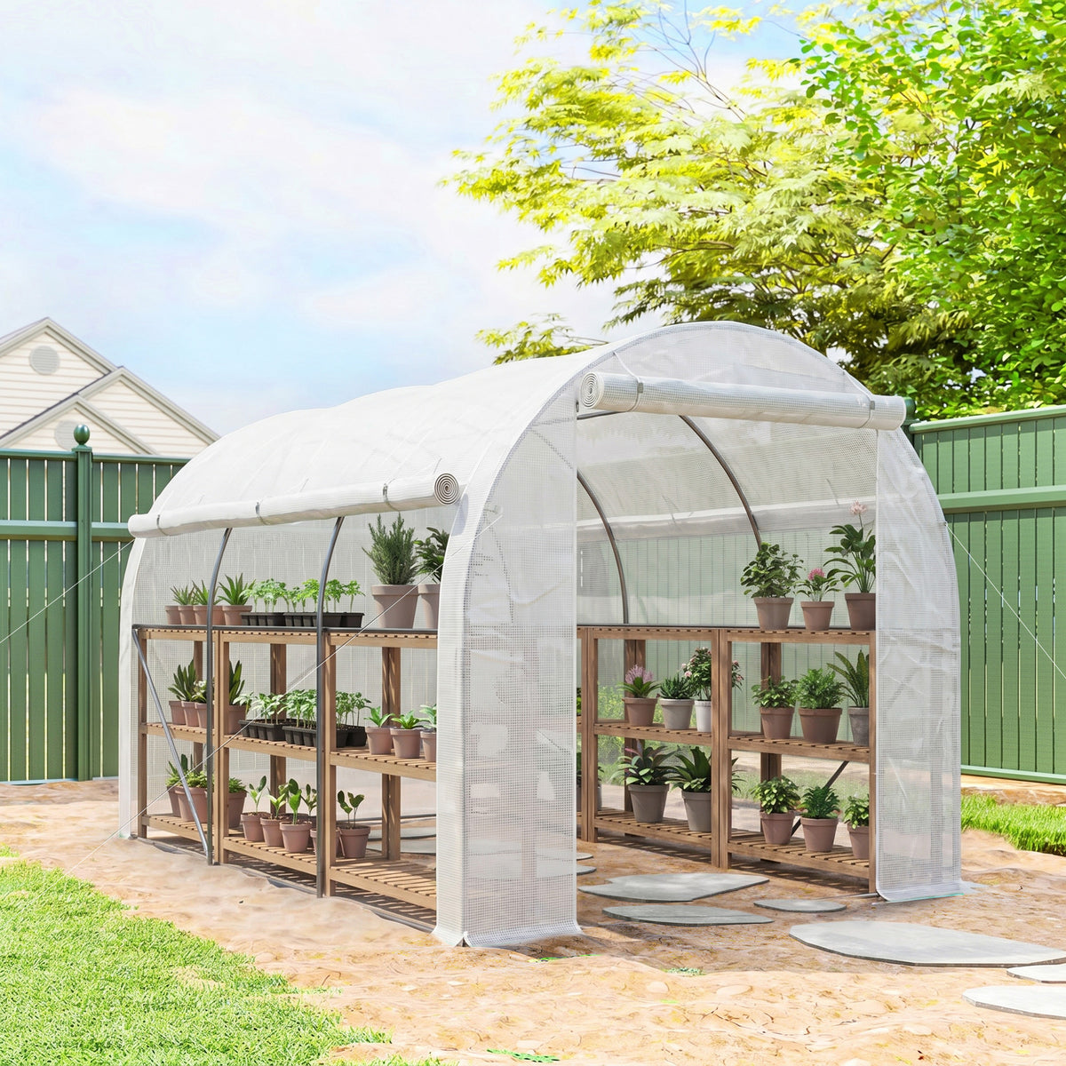 Serre de jardin 6 m² dim. 3 x 2 m avec 1 porte + 2 parois latérales zippées enroulables, 6 fenêtres, Blanc-9