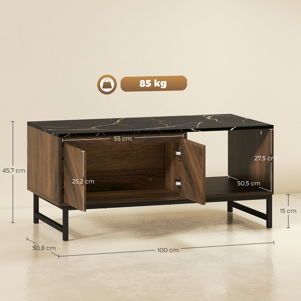Table basse, table de salon, plateau effet marbre, 2 portes et 2 niches ouvertes, 100 x 50,8 x 45,7 cm, noyer-2