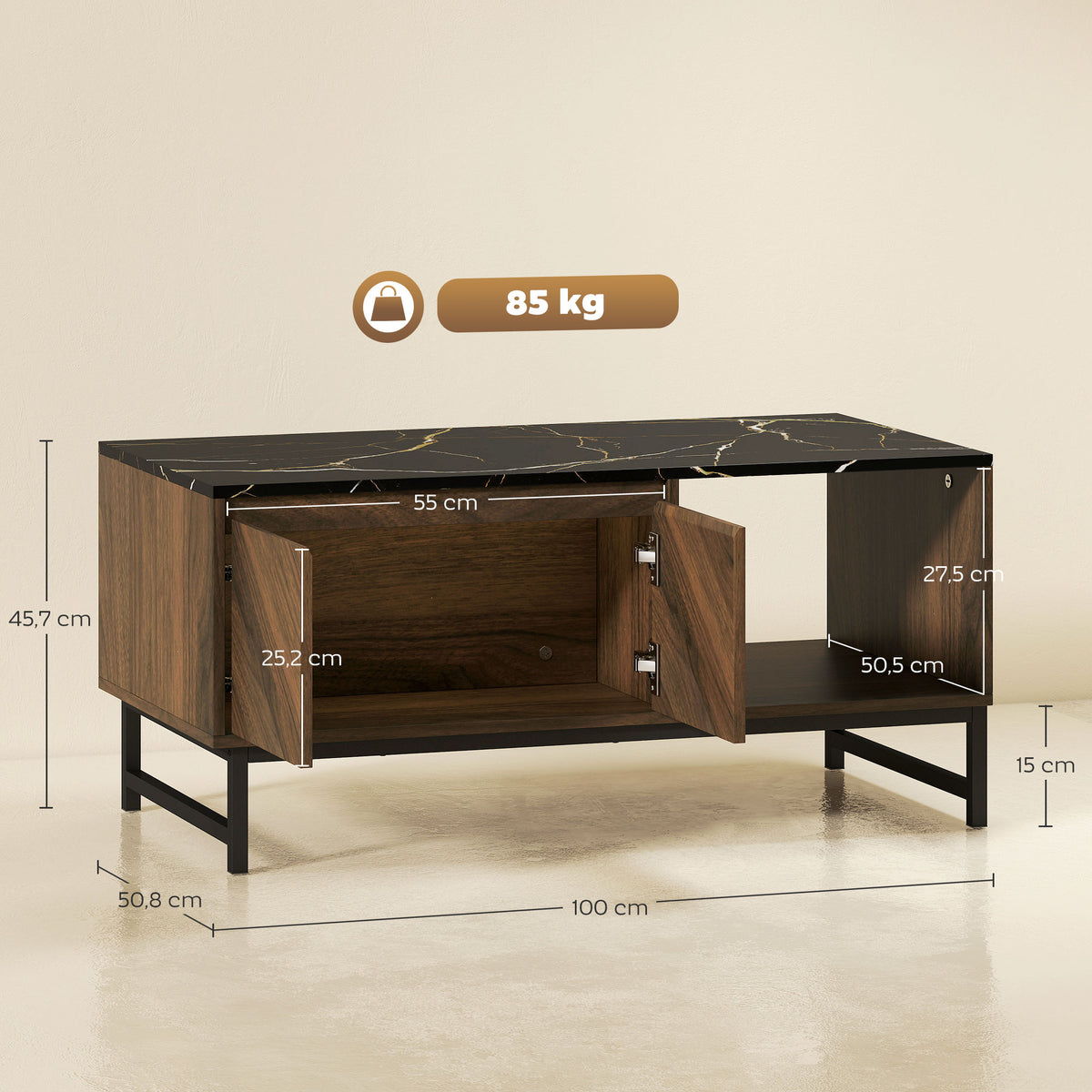 Table basse, table de salon, plateau effet marbre, 2 portes et 2 niches ouvertes, 100 x 50,8 x 45,7 cm, noyer-2