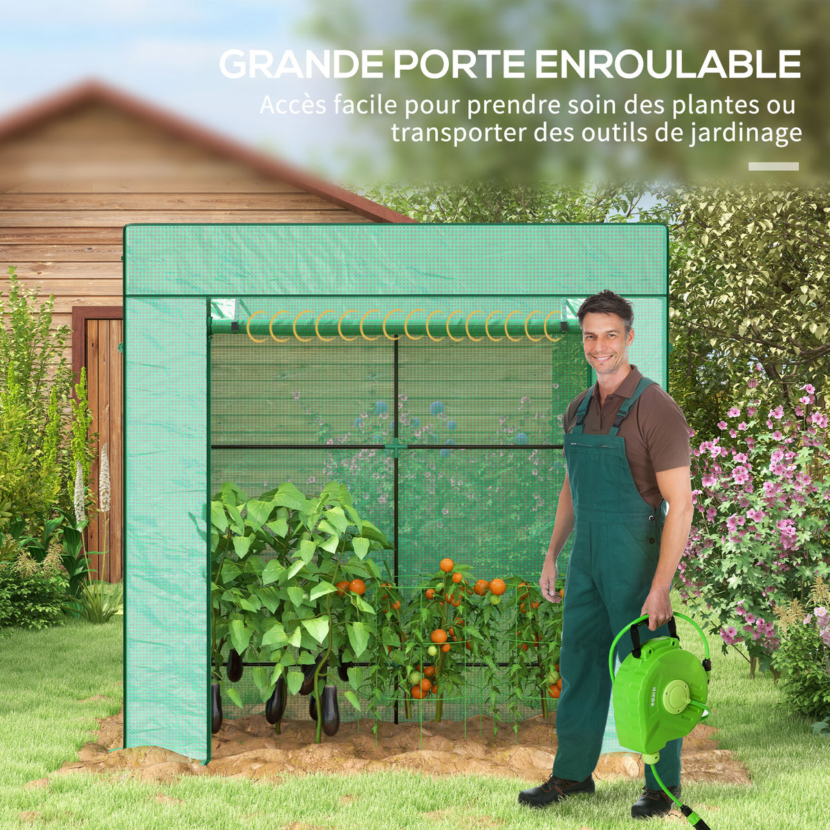 Serre de jardin murale adossée avec 1 porte enroulable, bâche PE renforcée, 2 fenêtres, dim. 196L x 77l x 197/178H cm-4