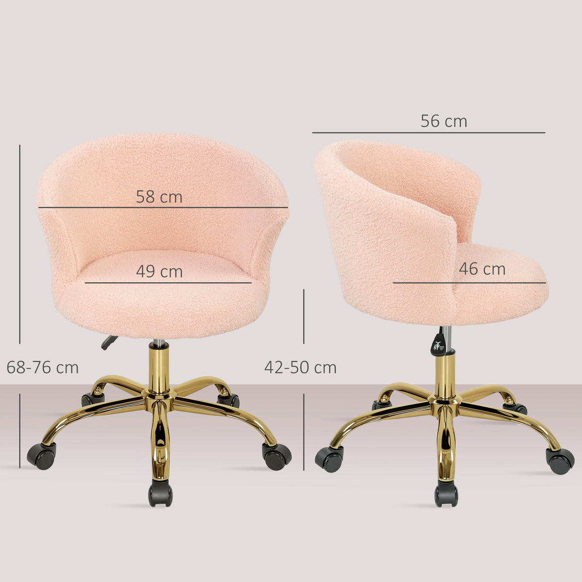 Chaise de bureau, fauteuil de bureau ergonomique réglable en hauteur, siège pivotante, piètement en acier, rose-2