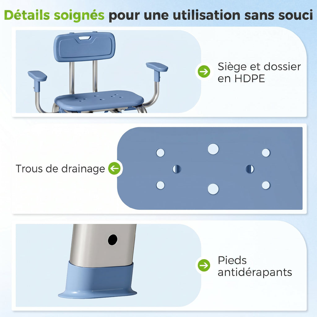 Tabouret de douche chaise de douche ergonomique avec accoudoirs, dossier, hauteur et siège réglables, bleu-6