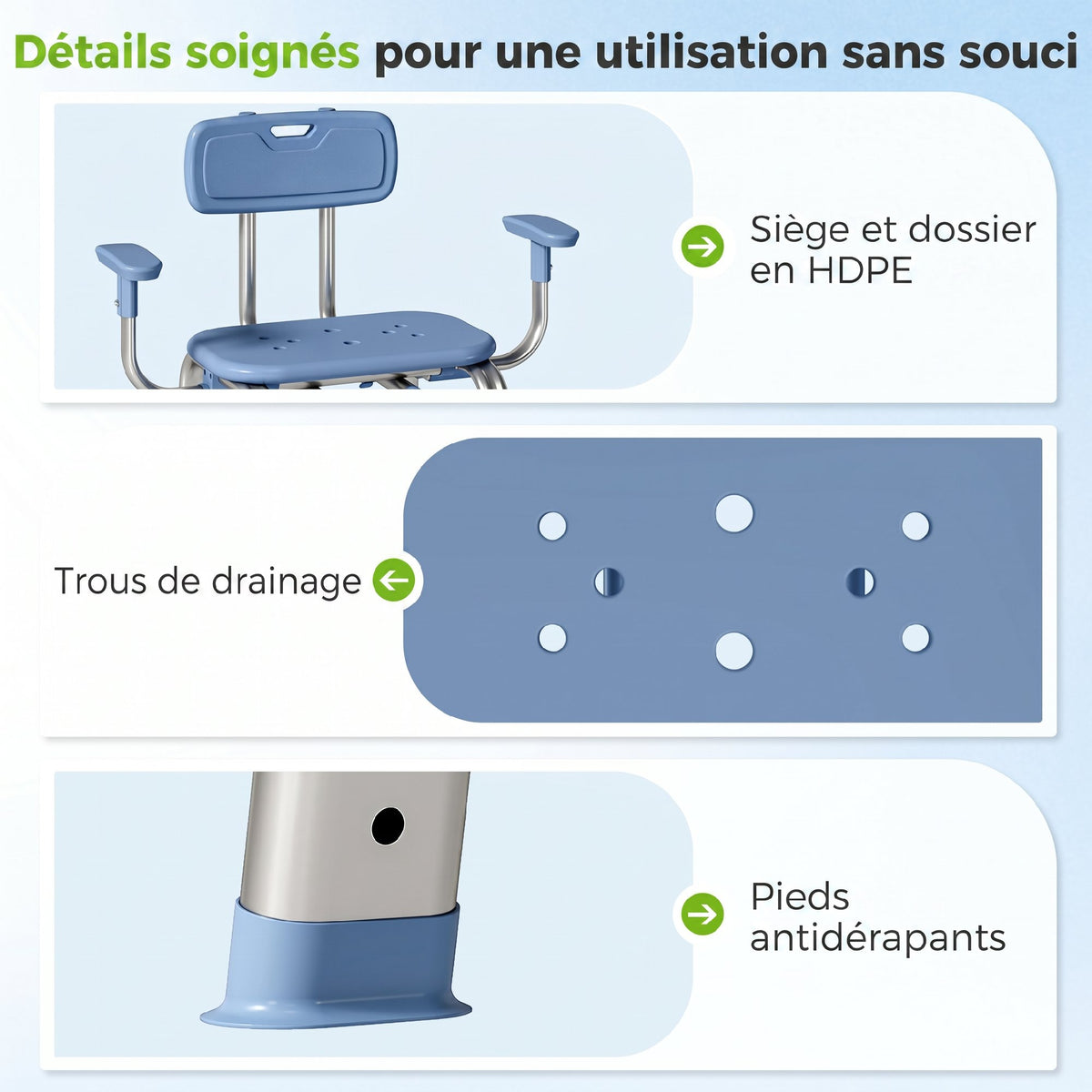 Tabouret de douche chaise de douche ergonomique avec accoudoirs, dossier, hauteur et siège réglables, bleu-6