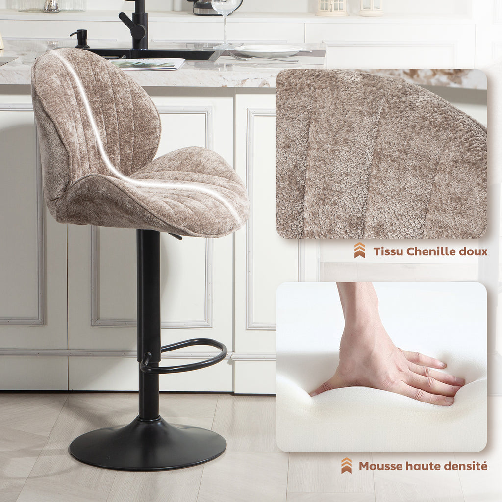 Lot de 2 tabourets de bar forme de coquillage, dossier, hauteur réglable et repose-pieds, cadre en acier, marron-6