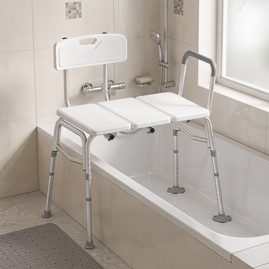 Banc de Transfert Baignoire, Hauteur Réglable à 10 Niveaux, Large Assise, Dossier, Accoudoir, 86x60x89-101cm, Blanc-1