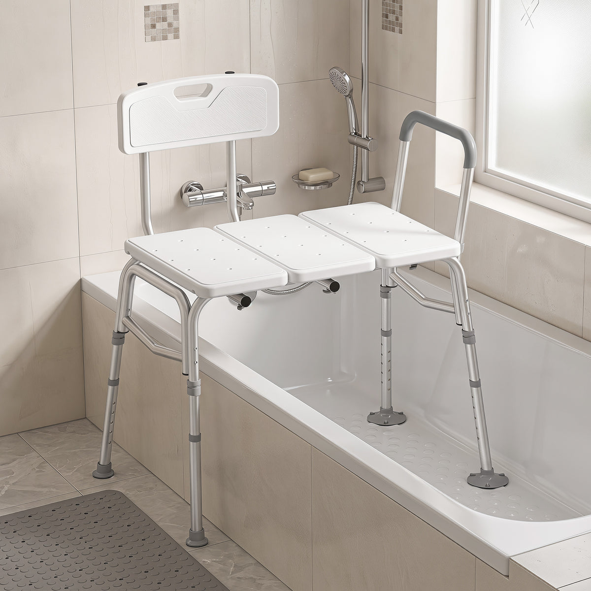 Banc de Transfert Baignoire, Hauteur Réglable à 10 Niveaux, Large Assise, Dossier, Accoudoir, 86x60x89-101cm, Blanc-1