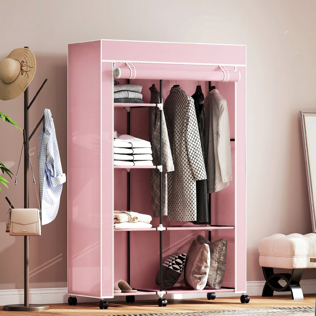 Armoire penderie en tissu meuble de rangement 6 roulettes tringle à vêtements et étagères ouvertes 103x43x166,5cm rose-7
