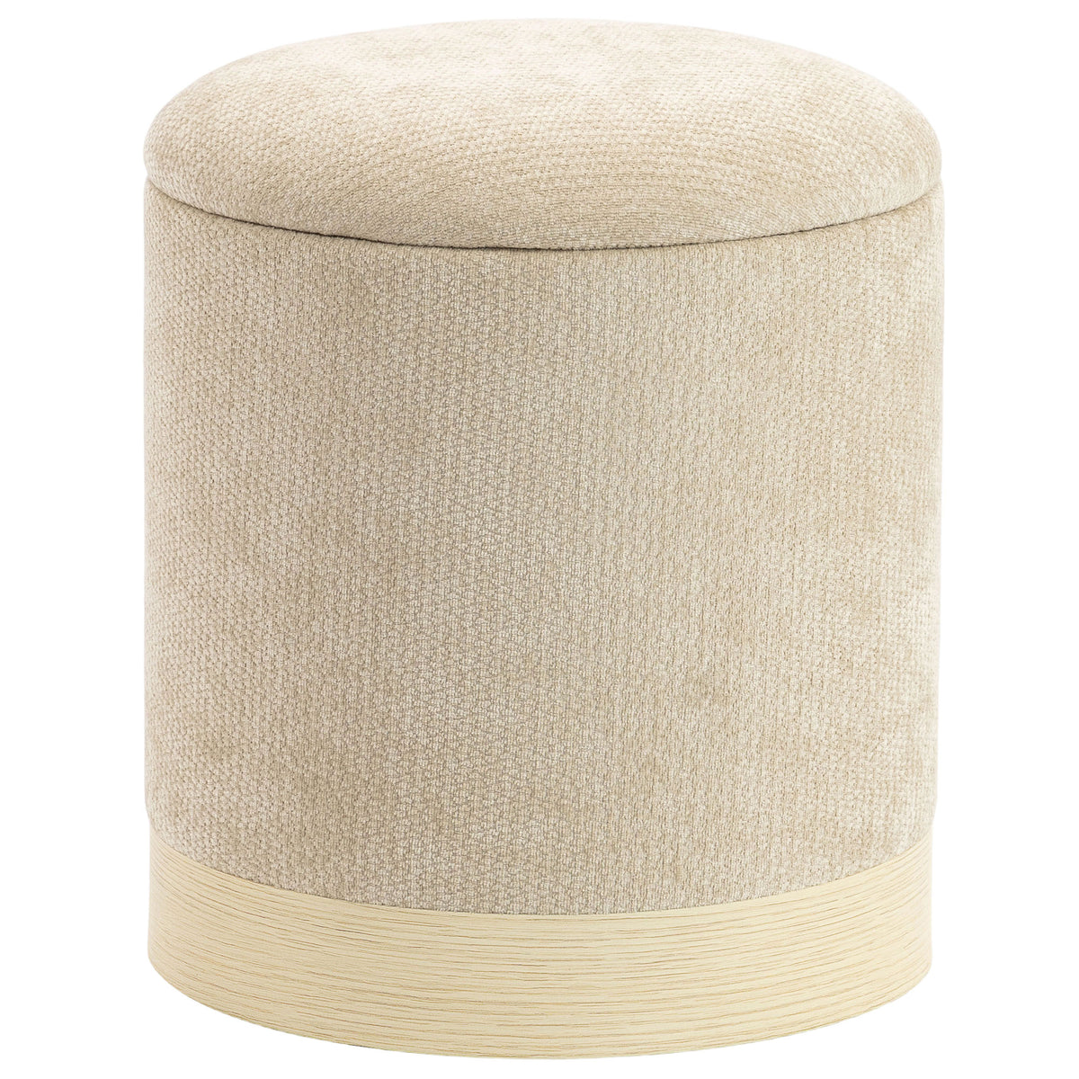 Pouf coffre rangement, tabouret rond en chenille, pouf repose-pieds avec base en métal effet bois, beige-0