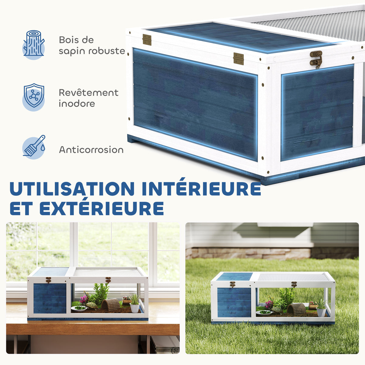 Maison enclos cage habitat pour petit animal tortues avec 2 espaces 91 x 60,5 x 32 cm bois massif bleu-3