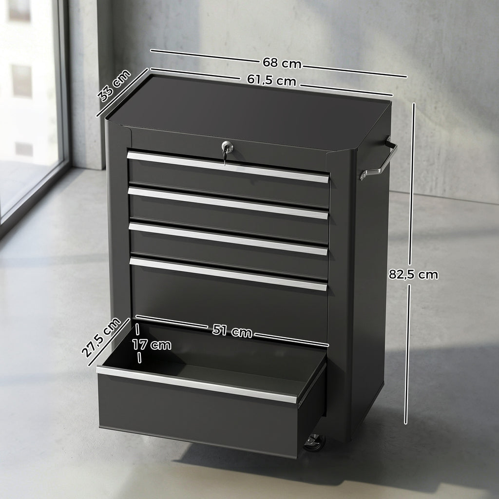 Chariot à outils sur roulettes, Servante d'atelier en acier 5 tiroirs verrouillable 2 clés, 61,5 x 33 x 82,5 cm, noir-2